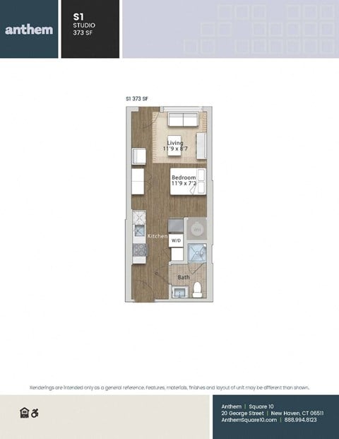 Floor plan for studio, 1 bath, 373 sqft